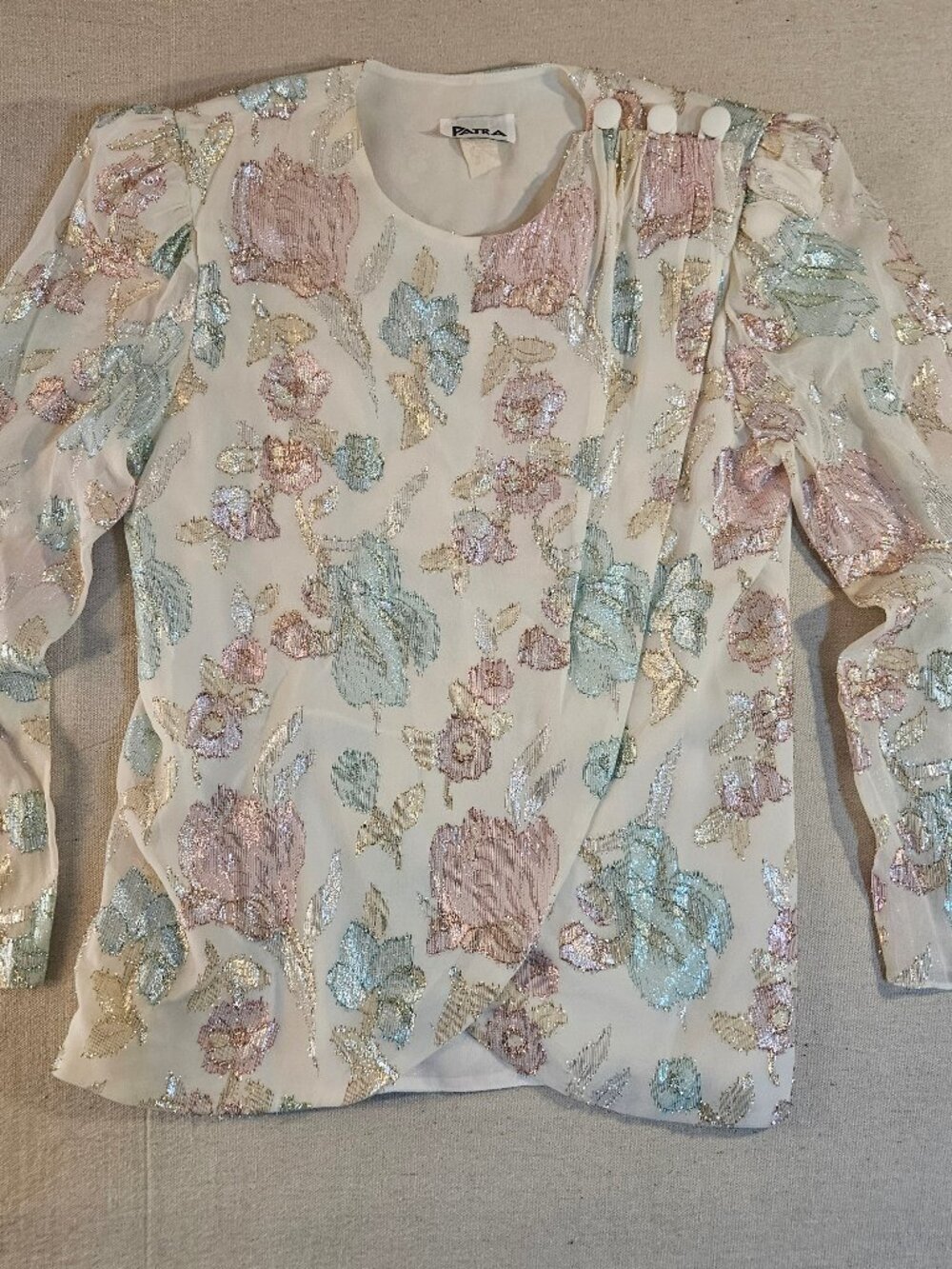 Vintage Patra Metallic Floral Evening Blouse Size 10 Made in USA Sheer Sleeves